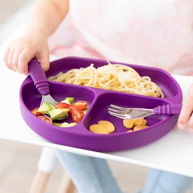 Bumkins Toddler Utensils, Kids Size Fork and Spoon Set, Silicone and Stainless-Steel Training Silverware, Angled Forks / Sporks for Self-Feeding, Children Hold Learning to Eat, 18 Months Up, Purple-CubbioJoy