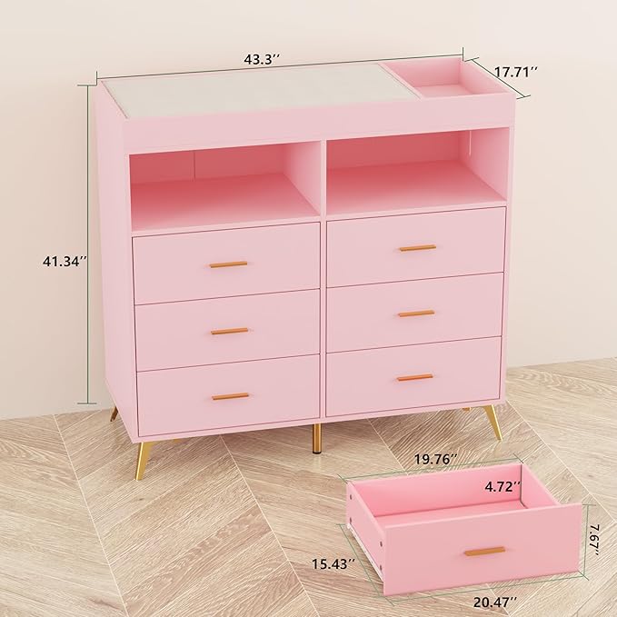 Changing Table Dresser with Drawers, Baby Dresser with Changing Table Top, Power Outlet, LED Light & Metal Feet, Diaper Changing Station Nursery Organizer for Infants Newborn, Pink-CubbioJoy
