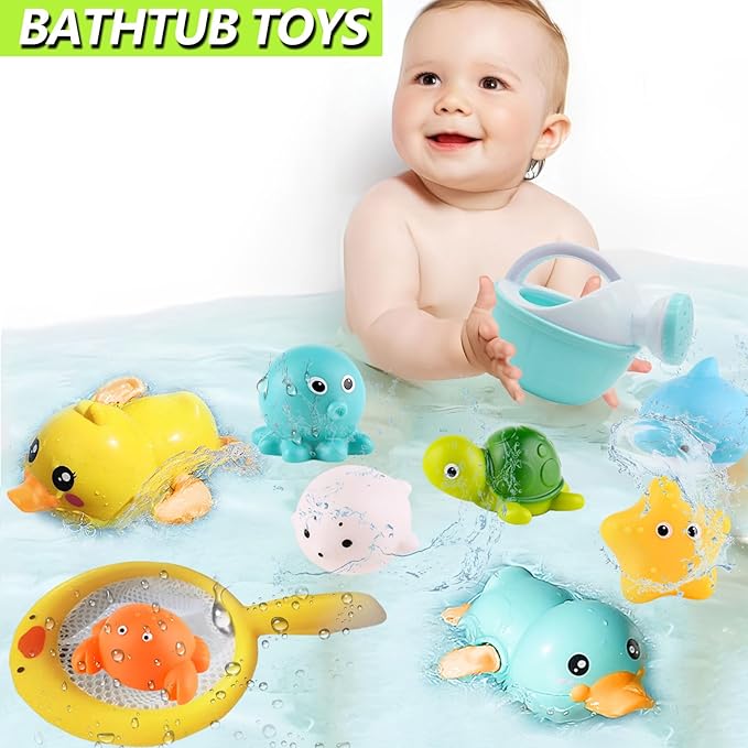 Bath Toys for Babies 6-12 Months+, Wind-up Ducks Bath Toys for Kids Ages 1-3, No Hole Ocean Animal Floating Pool Toys, Watering Can Fishing Net Water Toys for Toddlers-CubbioJoy