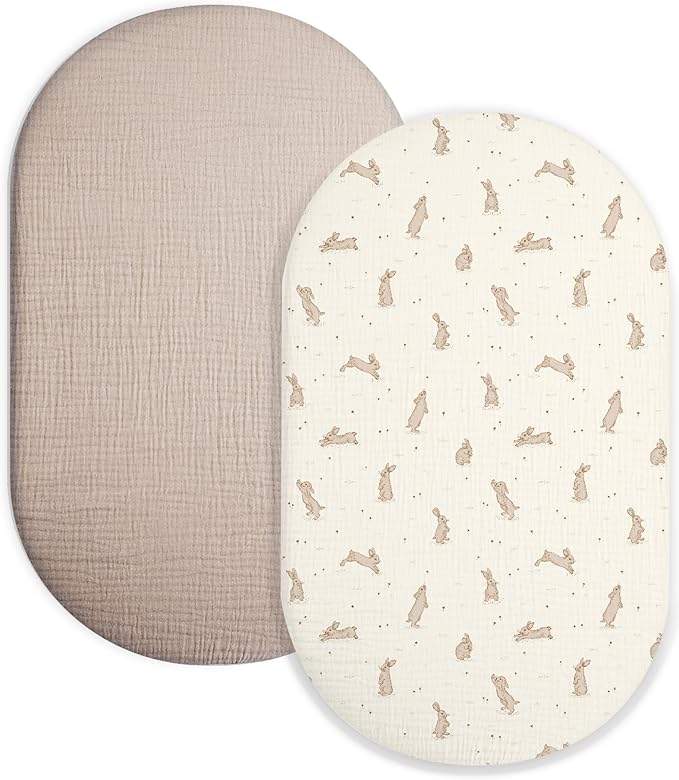 Bassinet Sheet for Baby Boy and Girl 2 Pack, Fitted Sheets for Rectangle, Oval, Hourglass Bassinet Mattress, Muslin Moses Basket Sheets with Neutral Style (Hopping Bunnies & Beige)-CubbioJoy