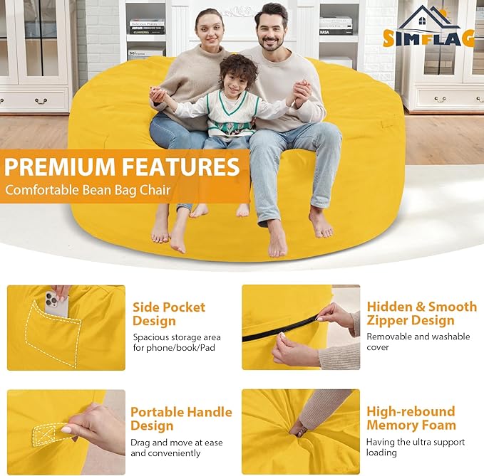 6FT Bean Bag Chair, Large Bean Bag Chairs with Memory Foam Filled, Fluffy Beanbag Sofa with Dutch Velvet Cover, Round BeanBag Chairs for Living Room, Playroom - Lemon-CubbioJoy