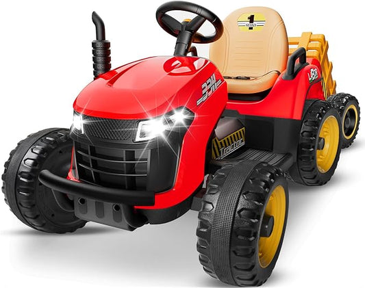24V Ride On Tractor w/Tiltable & Detachable Trailer, 2x65W Motors, EVA Tires, Remote Control, Bluetooth, Shifter, Music, Electric Car for Kids Ages 2-5, Red-CubbioJoy