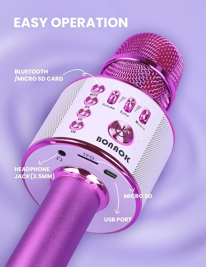 BONAOK Wireless Bluetooth Karaoke Microphone, Portable Toy Microphone for Singing, Gifts to Girls Boys Kids Adults All Age Q37（Bright Purple）-CubbioJoy