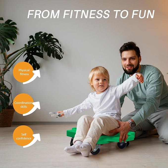 2 Plastic Scooter Boards with Handles for Kids Sitting and Sports Training, with 1 Ring, 2 Ropes and 4 Beanbags, Indoor and Outdoor Play-CubbioJoy