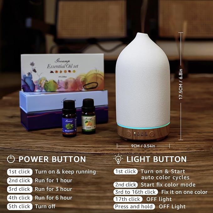 200ML Ceramic Essential Oil Diffuser - Ultrasonic Aromatherapy & Humidifier with 7-Color LED Lights, Auto Shut-Off, Wood Grain Base, 1H/3H/6H Timer | Scent for Home, Office, Yoga-CubbioJoy
