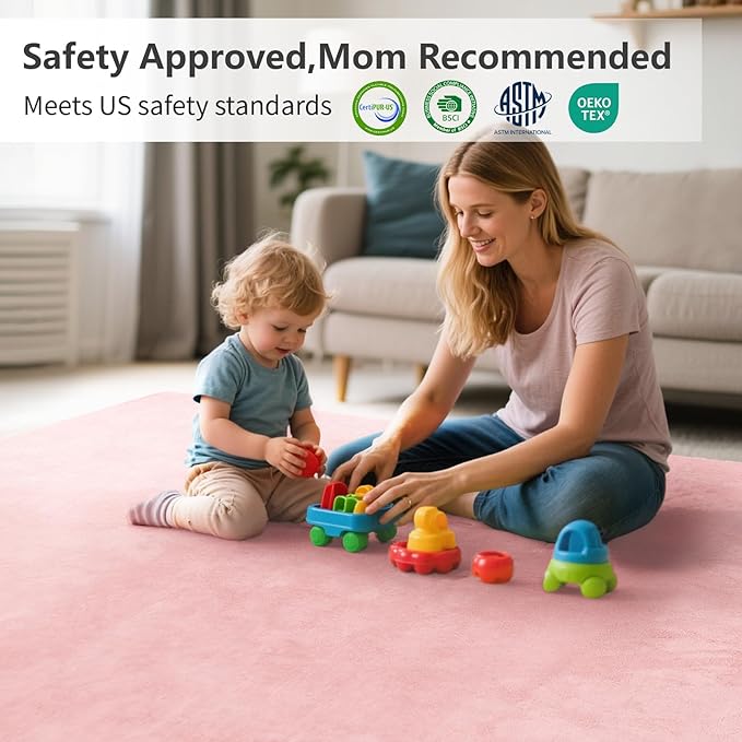 Baby Play Mat for Floor,1.3" Thick Elasti-Foam 50"×74" Playpen Mat for Tummy Time,Water Repellent Soft Coral Velvet for Toddler,Infant,Kids,Non-Slip Backing Safe for Crawling(Pink)-CubbioJoy