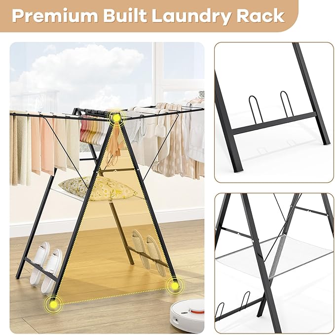 APEXCHASER Clothes Drying Rack Foldable, Metal Laundry Drying Rack with Height Adjustable Rails, Ultra Thin Drying Rack Clothing Towel Sweater Shoe for Indoor Outdoor, Gullwing Clothes Airer, Black-CubbioJoy