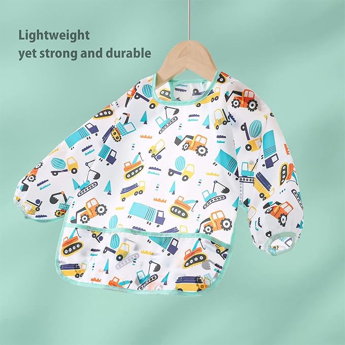 5 Pack Long Sleeve Bib,Baby Toddler Waterproof Sleeved Bib for 6-30 Months Reusable with Catch-all Pocket-CubbioJoy