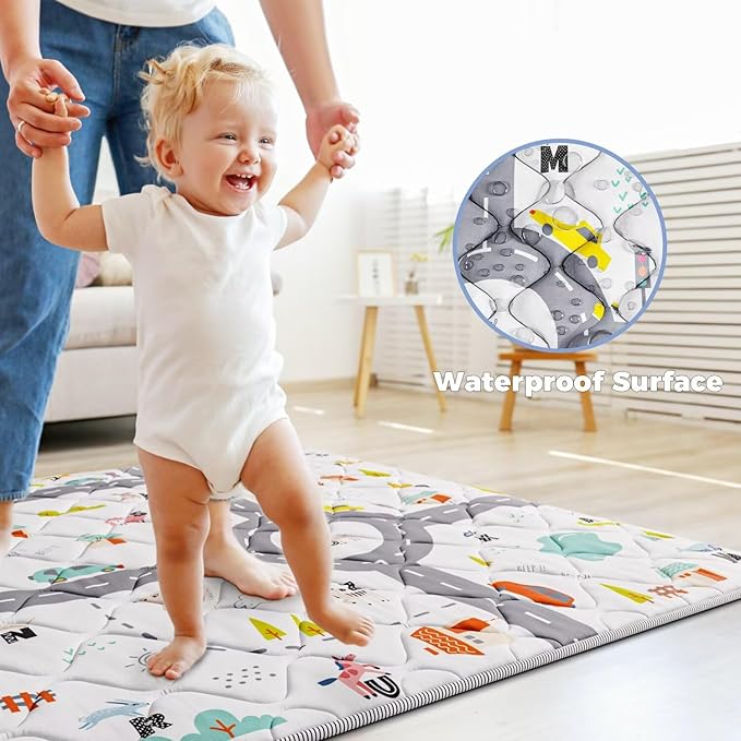 Car Portable Baby Play Mat 50x50 Playpen Mat Upgraded Thicken Baby Floor Play Mat Non-Slip Cushioned Crawling Mat Waterproof Activity Playmats for Babies Toddlers Infants (50x50, Letter Car)-CubbioJoy