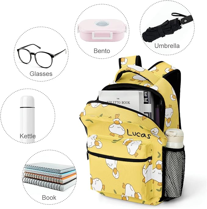 Cartoon Duck Yellow Custom Kids Backpack 16.5 Inch for Boy Girl, Personalized Waterproof Child School Travel Bag with Name, 16.5’’ X 12.2’’ X 5.9’’-CubbioJoy