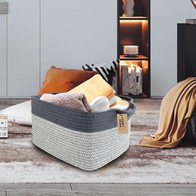 COMFY-HOMI Cotton Rope Woven Basket with Handles for Shelves,Toys,Book, Cloth Storage Baskets Bin for Organizing-13.5"x11"x9.5" Toy Decorative Organizer for Living Room, Bathroom-Light Grey-CubbioJoy