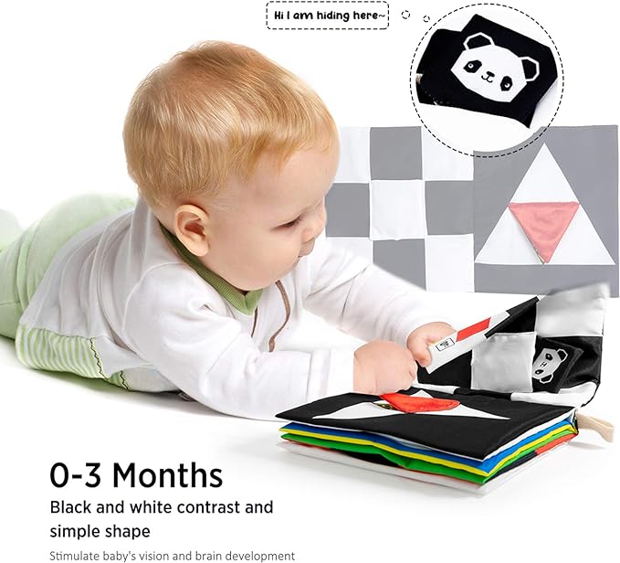 beiens High Contrast Black and White Baby Book - Touch and Feel Crinkle Sensory Toy - Visual Stimulation Interactive Montessori Toys for 0-12 Months Infant Newborn - Baby Gift for Boys Girls-CubbioJoy