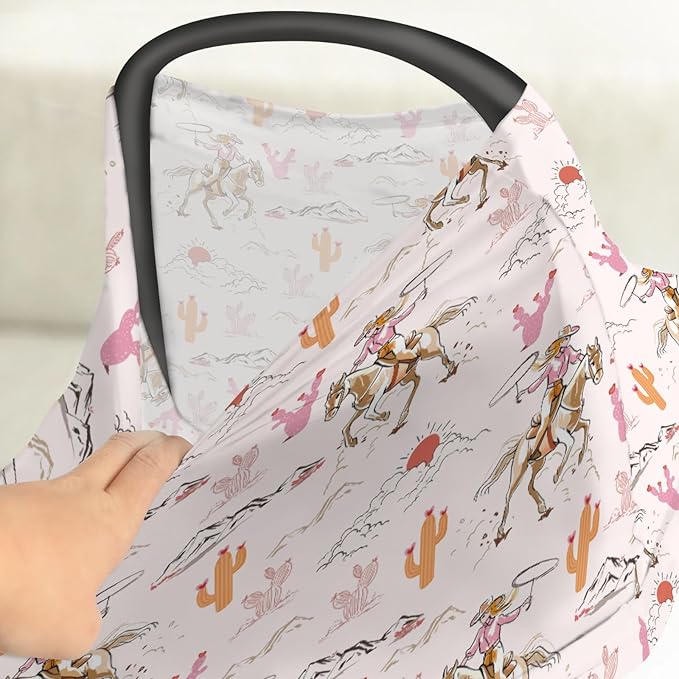 Cute Pink Cowgirl Car Seat Cover for Baby Western Cowgirls Horse Cactus Mountain Sunset Stretchy 5-in-1 Covers Adjustable Infant Carseat Canopy Cover Wild West Desert Breathable Nursing Cover-Up-CubbioJoy