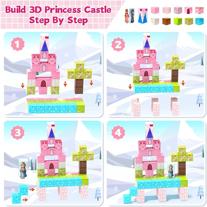 64 Pcs Magnetic Blocks-Princess Castle Collection World,Magnetic Building Blocks for 3+ Year Old Boys & Girls, Creative STEM Sensory Toys,Christmas Birthday Gifts for Kids Ages 3-8-CubbioJoy