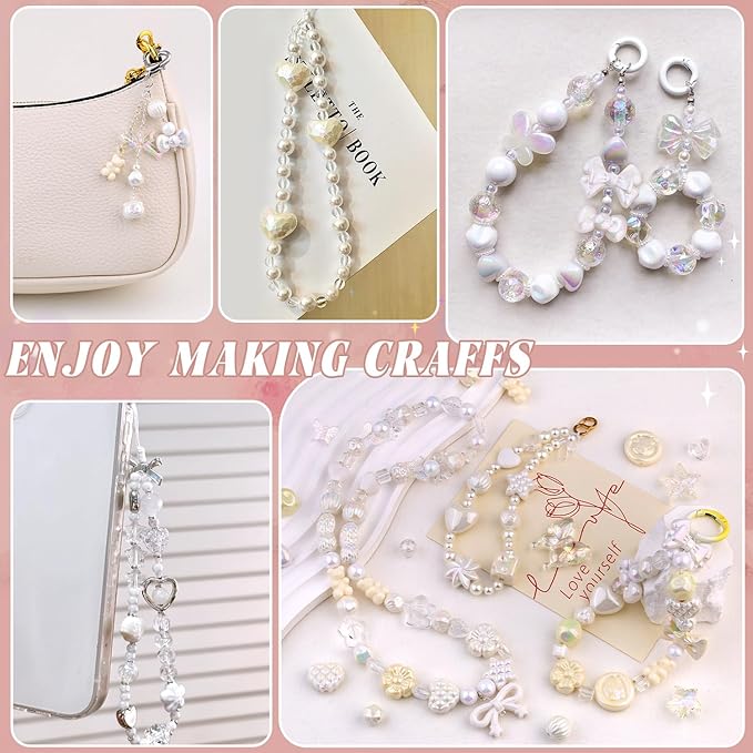 Assorted 170-230PCS White Acrylic Beads for Bracelet Making, Flower Bow Butterfly Candy GummyBear Aesthetic Bracelet Charms,Cute Beads for Jewelry Making DIY Necklace Keychain Phone Charm-CubbioJoy
