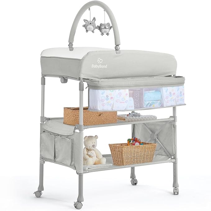 BabyBond Portable Baby Changing Table, Foldable Diaper Changing Table Dresser Waterproof Height Adjustable Changing Station for Infant and Newborn(Beige)-CubbioJoy