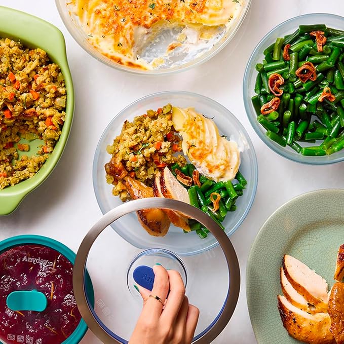 Anyday 4-Cup Microwave Cookware & Glass Container with Glass Lid, Plastic-Free Shallow Food Storage | Stackable Airtight Steamer with Vented Lid for Microwave-Safe Reheating, Steaming Vegetables-CubbioJoy