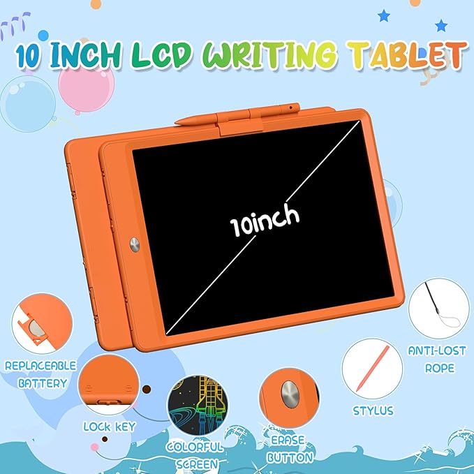 Drawing Tablets for Kids 10 Inch LCD Writing Tablet for Kids Reusable Drawing pad Educational and Learning Toys for Boys Girls(Orange)-CubbioJoy