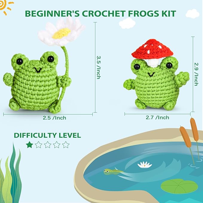 Crochetta Crochet Kit for Beginners, Beginner Crochet Animal Kits for Adults with Step-by-Step Video Tutorials, DIY Knitting & Crocheting Craft Hobbies Supplies, 2 Pack Frog Amigurumi(40%+ Yarn)-CubbioJoy