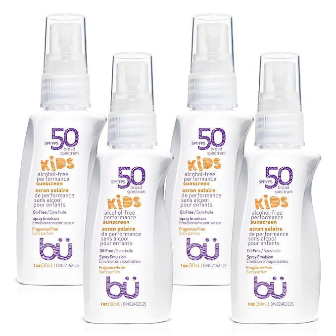 BU SPF 50 Fragrance Free Kids Sunscreen Spray for Face and Body, TSA Travel Size Sunscreen, Clear Non Aeorsol Spray, Non Greasy, Water Resistant and Oil Free, 1 oz (4-pack)-CubbioJoy
