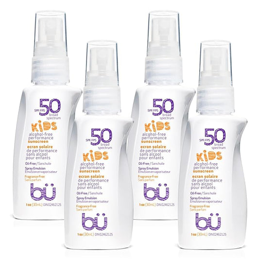 BU SPF 50 Fragrance Free Kids Sunscreen Spray for Face and Body, TSA Travel Size Sunscreen, Clear Non Aeorsol Spray, Non Greasy, Water Resistant and Oil Free, 1 oz (4-pack)-CubbioJoy