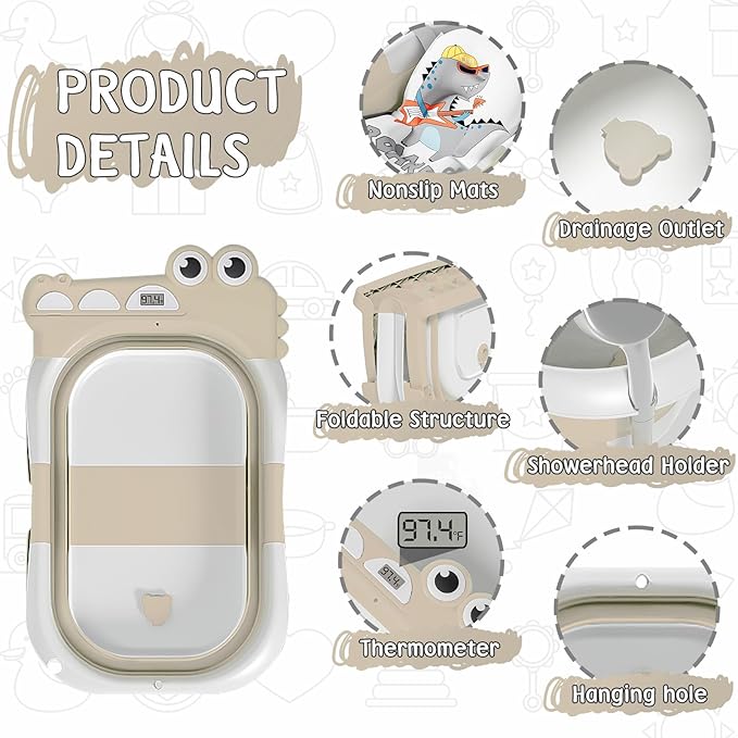 Collapsible Baby Bathtub for Newborn, Foldable Baby Bath Tub with Thermometer & Soft Floating Cushion & Drain Hole, Portable Travel Infant Bath Tubs for Newborns to Toddlers 0-36 Months Boys, Beige-CubbioJoy