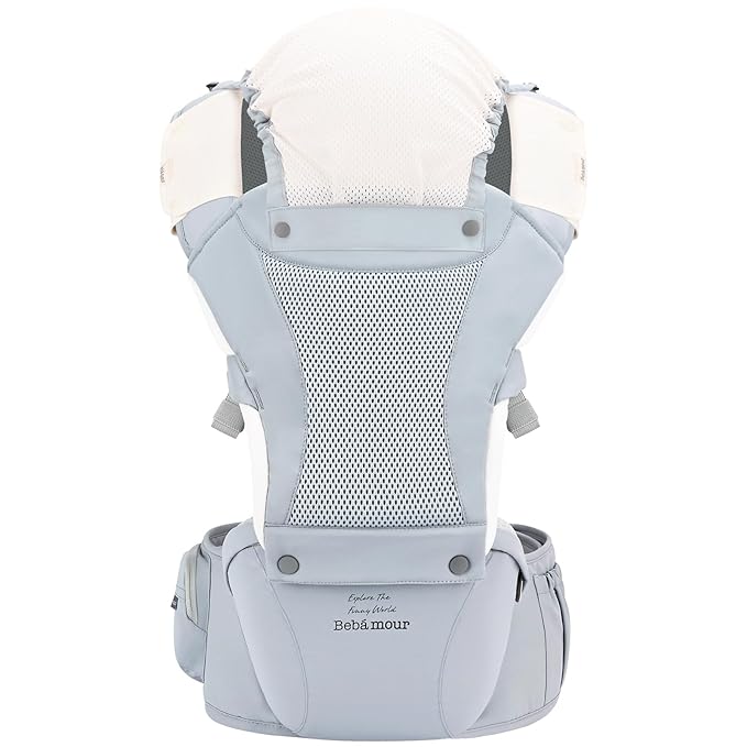 Bebamour Baby Carrier with Hip Seat,All-Position Breathable Mesh Hip Seat & Carrier 0-36Months with Head Hood, 3 PCS Teething Pads, Waist Extender,Storage Bag & Pacifier Case (Blue)-CubbioJoy