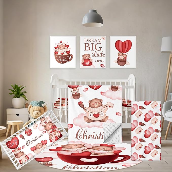 Custom Crib Bedding Set, 5 Pcs Personalized Name Nursery Bedding Set with Double Layer Flannel Blanket, Heart & Bear Baby Crib Set for Girls Boys, Customized Gifts for Infants Babies Toddlers-CubbioJoy