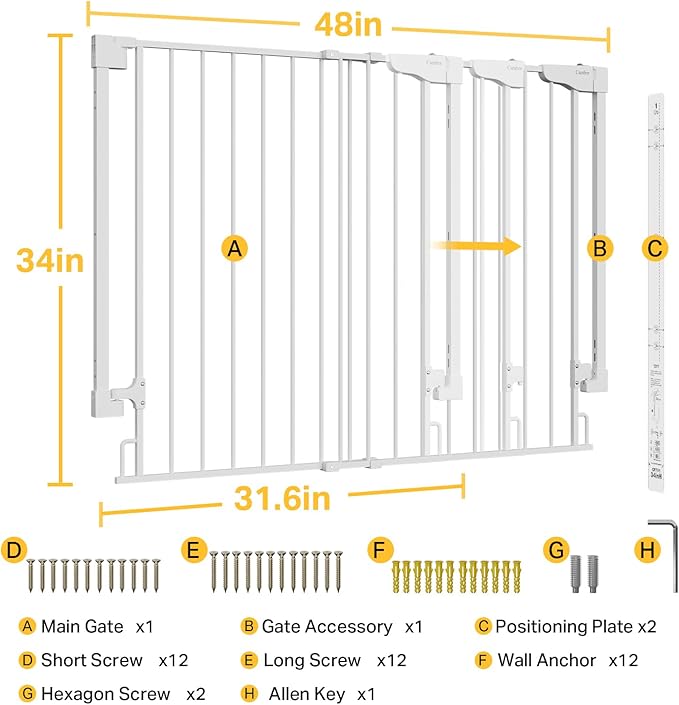 Cumbor 34" Extra Tall No Bottom Bar Baby Gate for Stairs, Auto Close Dog Gate Indoor for Larger Pets, 31.6-48" Hardware Mounted Safety Gate for Doorways, Wide Walk Thru Door for Easy Access (White)-CubbioJoy