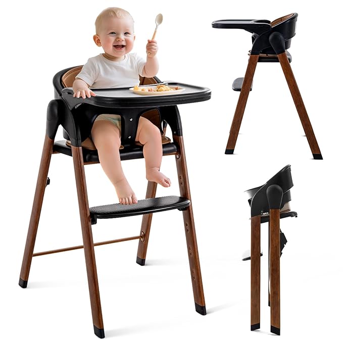 Adjustable High Chair with Removable Tray, Easy to Clean, Portable. 6 Months up to 240 Lb (Black Brown)-CubbioJoy