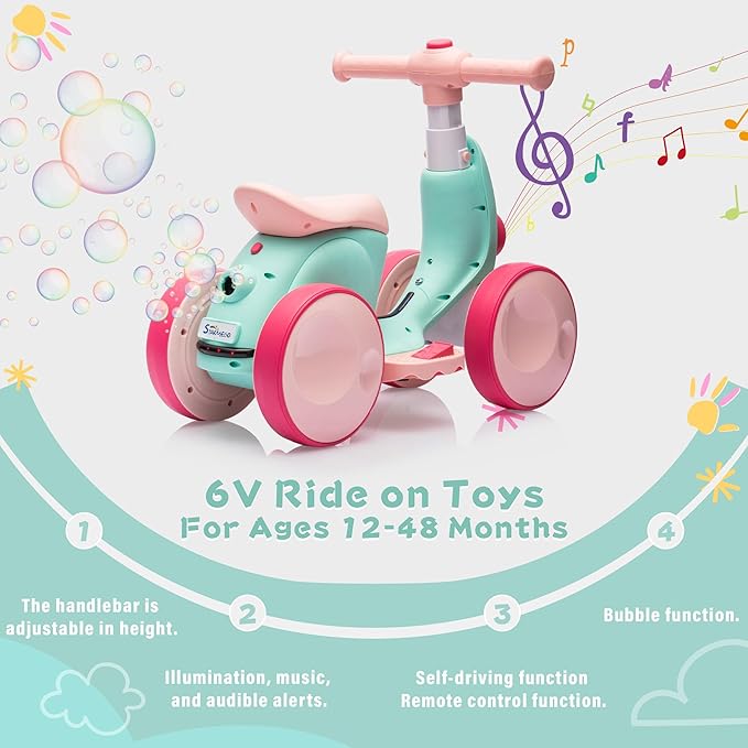 6V Electric Baby Balance Bike with Bubble Machine,4 in 1 Toddler Balance Bike w/Remote for 1 Year Old Boys Girls Kids Bubble Bike Ride on Toys w/Powered Motor,Music,LED Lights (Green&Red)-CubbioJoy