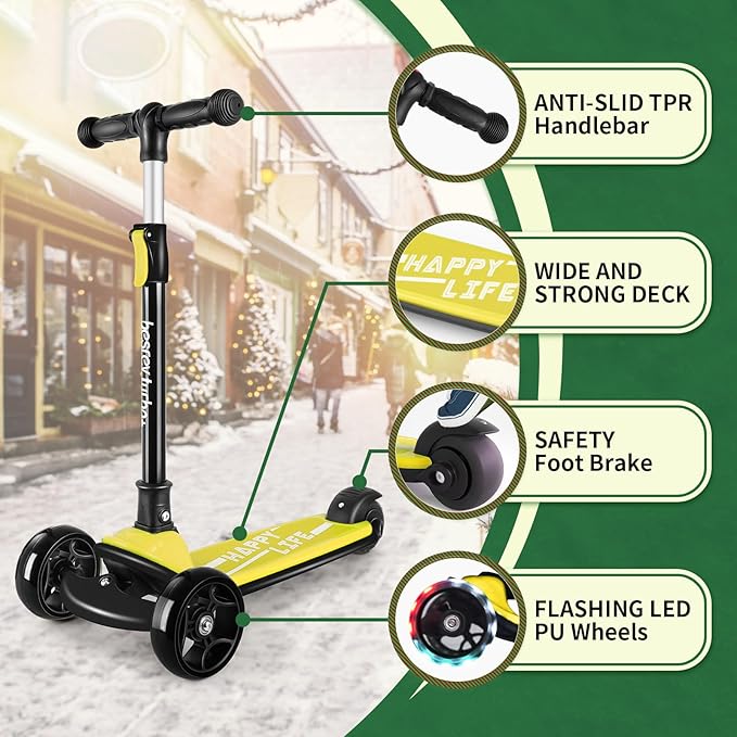 Besrey Kick Scooter for Kids Ages 3-10, 3-Wheel Folding Scooter with Adjustable Height, LED Light Wheels, Extra Wide Deck for Outdoor Activities-CubbioJoy