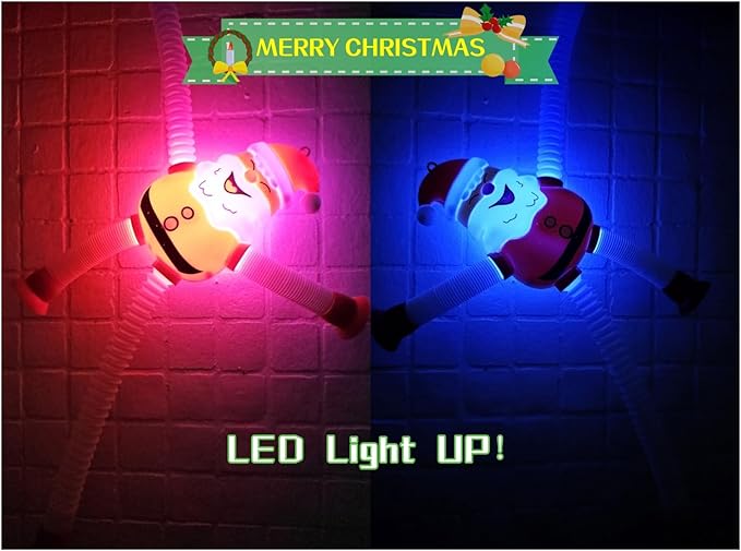 Christmas LED Pop Tubes Light Up 4 Pcs Sensory Fidget Toys, Telescopic Suction Cup Santa Toys Autism Christmas Party Favors Game Prizes Goody Bags Stocking Stuffers Treats for Kids 3+ (Christmas)-CubbioJoy