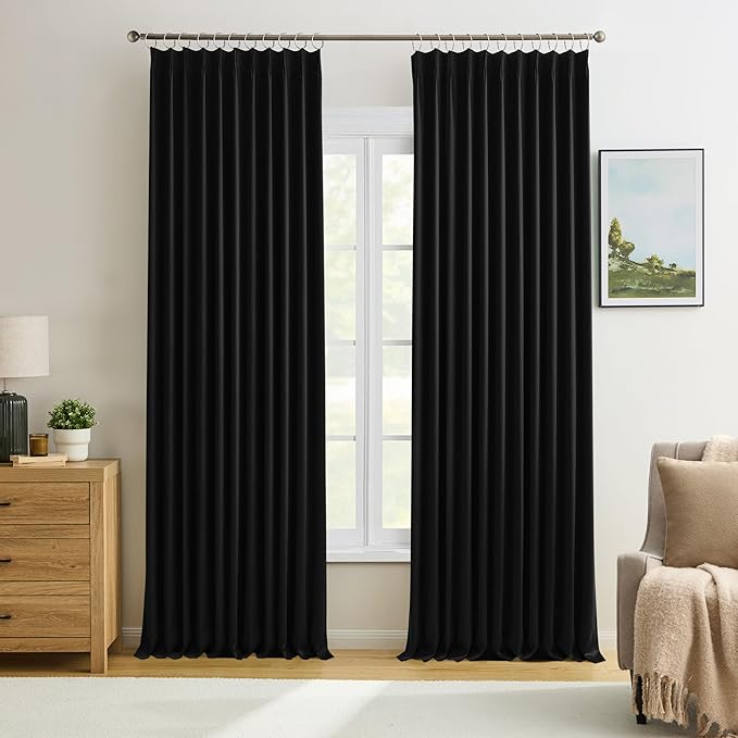 KEQIAOSUOCAI 72 Inch Wide Black Pinch Pleated Curtains 72 x 95, Thermal Insulated Noise Cancelling Living Room Office Drapes 95 Inches Long, Patio Sliding Glass Door Window Curtain 2 Panels-CubbioJoy