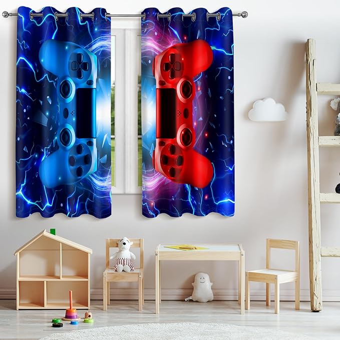 Jekeno Gamer Gaming Gamepad Blackout Curtains - Colorful Game Controller Decor for Kids Boys Teens Teenager Children's Playroom Bedroom Living Room Darkening Grommet Window Drapes 2 Panel Set, 42"x54"-CubbioJoy
