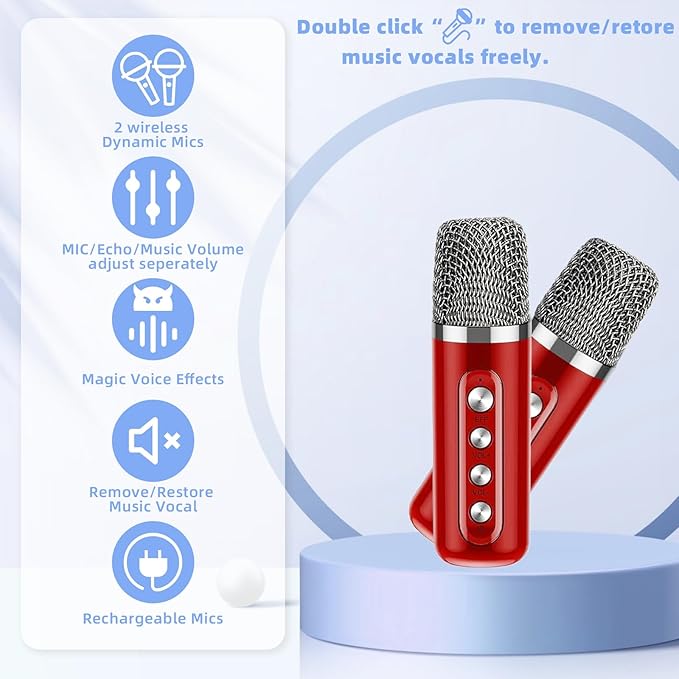 Karaoke Machine for Kids Adults - Portable Bluetooth Speaker with 2 Wireless Microphones, Singing Machine for Party, Birthday Gifts for Girls Boys Ages 4, 5, 6, 7, 8,9,10,11, 12+ Years Old-CubbioJoy