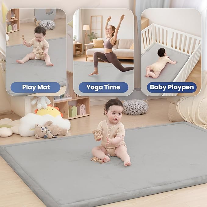 Baby Play Mat for Floor,1.3" Thick Memory foam Tummy Time Mat,79"×158“ Extra Large Soft Velvet Nursery Rug,Non Slip Safe for Crawling,Toddlers,Infants,kids,Tatami Style for Living Room(Light Grey)-CubbioJoy