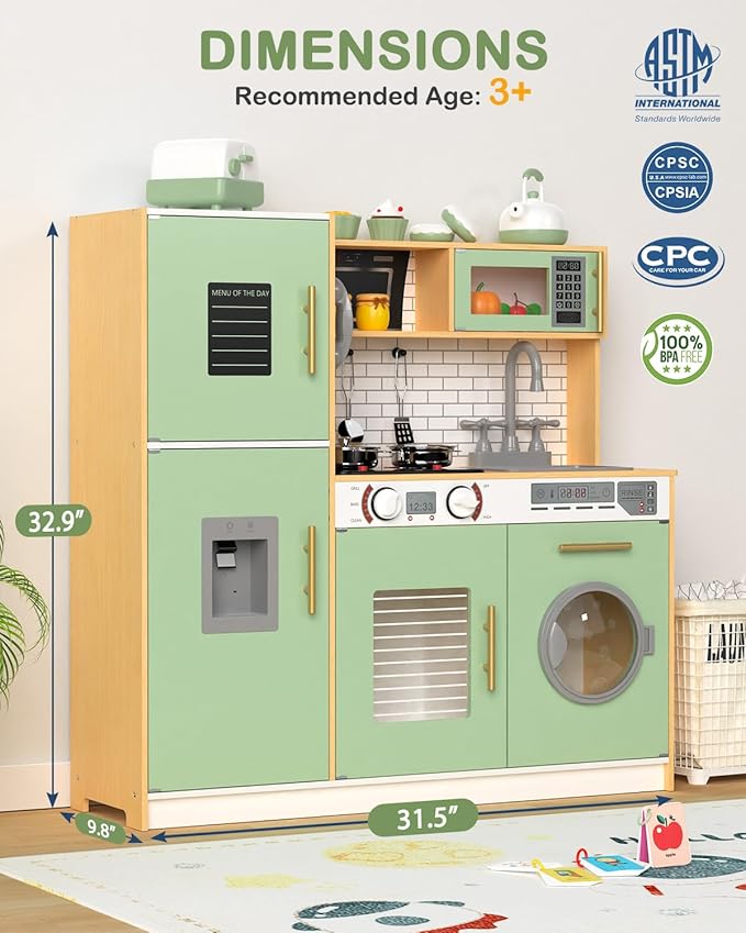 Babytronic Wooden Kitchen Playset for Kids, Interactive Play Kitchen with Lights & Sounds, Children Pretend Toy Kitchen Set with Faucet, Oven, Microwave, Kitchenware for Toddlers Ages 3+ (Green&Wood)-CubbioJoy