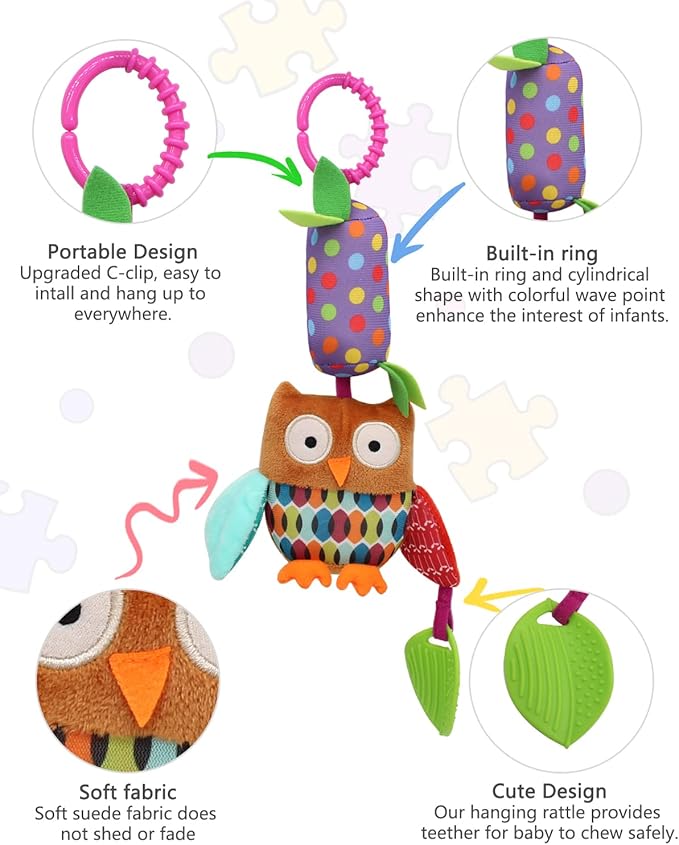 Bloobloomax Baby Soft Hanging Rattle, Car Seat Stroller Toys with Plush Animal C-Clip Ring for Infant Babies Boys and Girls 3 6 9 to 12 Months (12PCS-A)-CubbioJoy