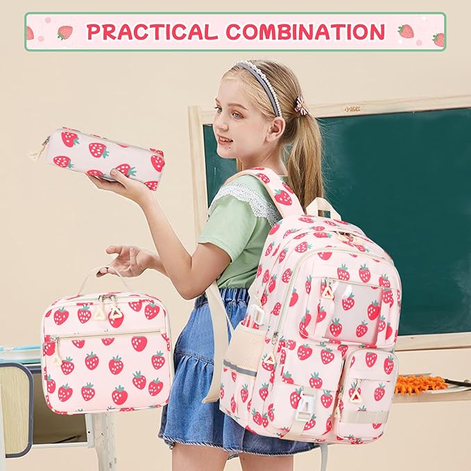 Backpack for Girls 3pcs Set Kids Backpack with Lunch Box Students Kawaii Book Bag for Elementary Primary Middle School Bags - Ita Backpack - Strawberry-CubbioJoy
