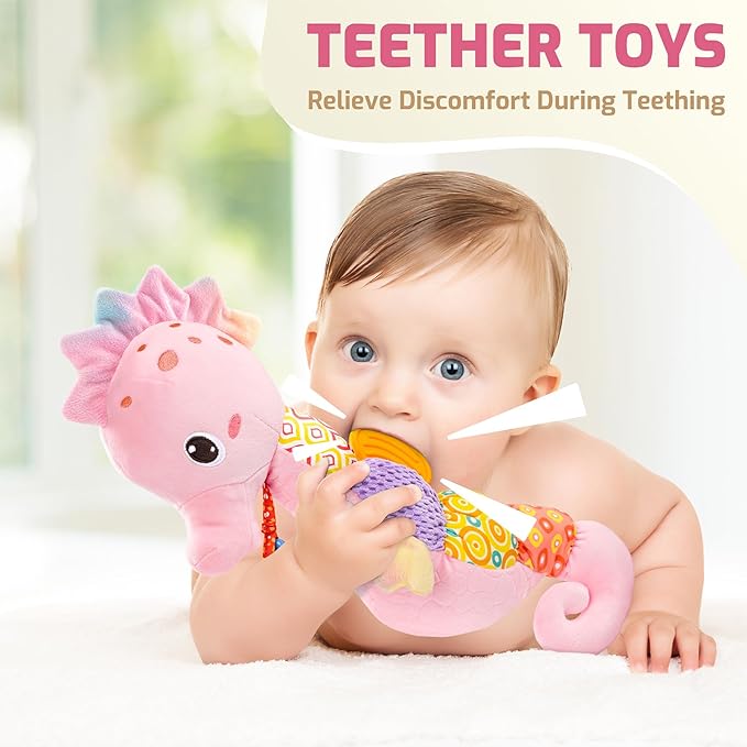 Sumobaby Infant Baby Musical Stuffed Animal Activity Soft Toys with Multi-Sensory Crinkle, Rattle and Textures, for Tummy Time Newborn 0-3-6-12 Months Girls,Seahorses, Pink-CubbioJoy