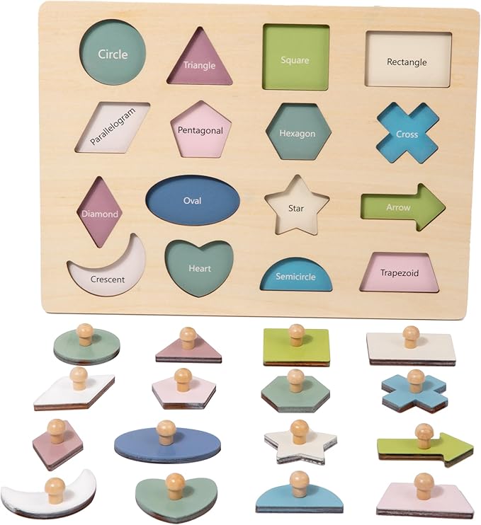 Adena Montessori Wooden Shape Peg 16 Piece Puzzle for Toddlers 2-4,Montessori Colorful Shapes Sorter Board,Geometric Color Matching Toys for Girls Boys 18-24 Months,Baby & Toddler Eearly Learning Gift-CubbioJoy