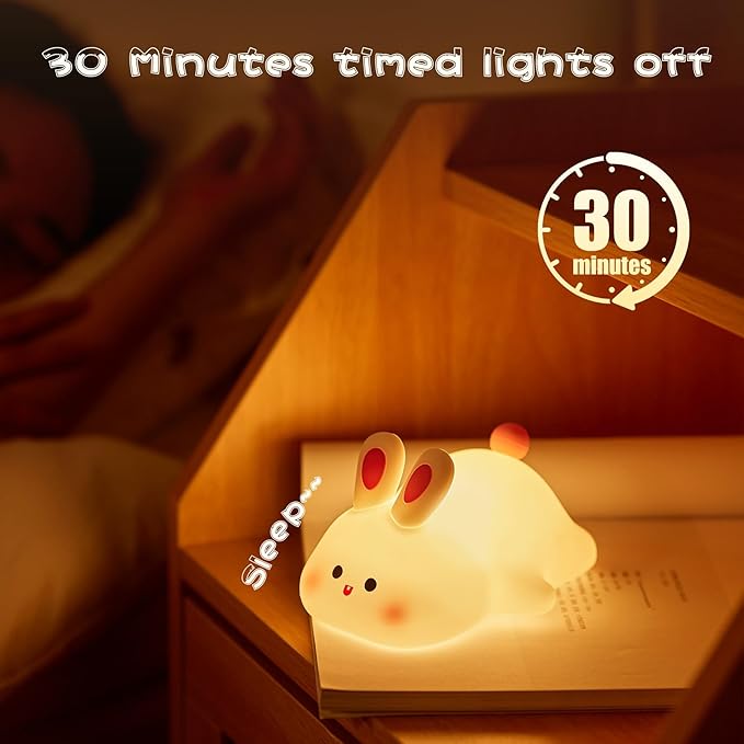 Big Face Rabbit Night Light, Adorable LED Bunny Night Lamp, Silicone Dimmable Nursery Nightlight for Girls, Silicone Rechargeable Bedside Touch Night Lights for Easter Decor-CubbioJoy