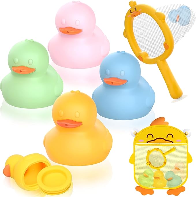 6Pcs Mold-Free Bath Toy Silicone Duck Set for Toddlers 1-3 Years and Babies 6-12 Months, Dishwasher Safe, with Duck Fishing Net and Storage Bag-CubbioJoy