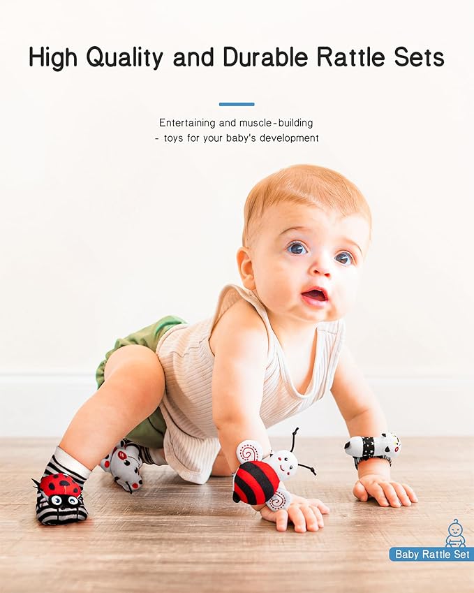Infinno High Contrast Baby Toys Infant Rattle Socks and Wristband Set, Ideal Baby Sensery Toy Gifts for Newborn 0-12 Months, Perpect Black and White Toys for Boys and Girls As Baby Shower Gifts-CubbioJoy