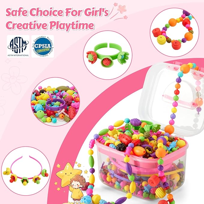 Arthopt Pop Beads, Jewelry Making Kit for 3 4 5 6 7 8 Years Old Girls, Arts and Crafts for Kids,Large Snap Beads DIY Necklace Bracelets Ring Set, Birthday Party Holiday Gift-CubbioJoy