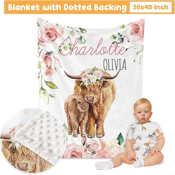 Custom Crib Bedding Set - Highland Cow Design Personalized Name Baby Nursery Bed 3 Pcs Set - Chic Soft Blanket with Dotted Backing, Sheet, Pillowcase for Newborn Girls Boys Gifts Color02-CubbioJoy