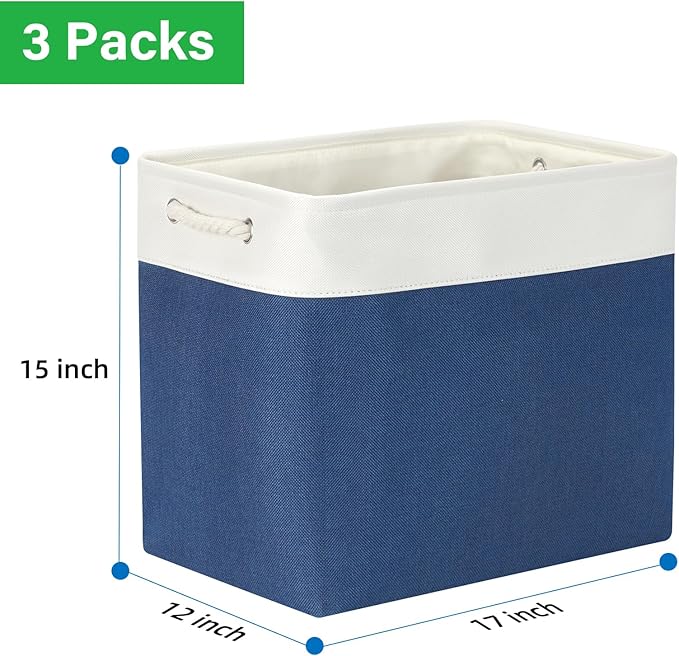 Bidtakay Extra Large Storage Baskets for Shelves 3 Pack Fabric Storage Bins for Organizing Linen Collapsible Organizer for Closet-White&Blue-CubbioJoy