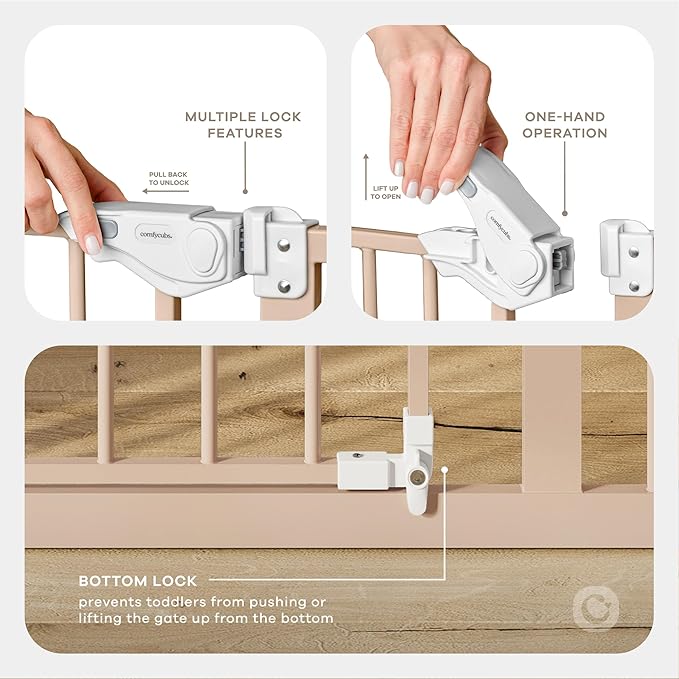 Comfy Cubs Baby Safety Gate with 3 Extensions - Adjustable 42" x 1.9" x 30" Q195 Steel Doorway Barrier - Powder-Coated Finish for Stairs and Doorways - Walk-Through Design Pet Gate - Blush-CubbioJoy
