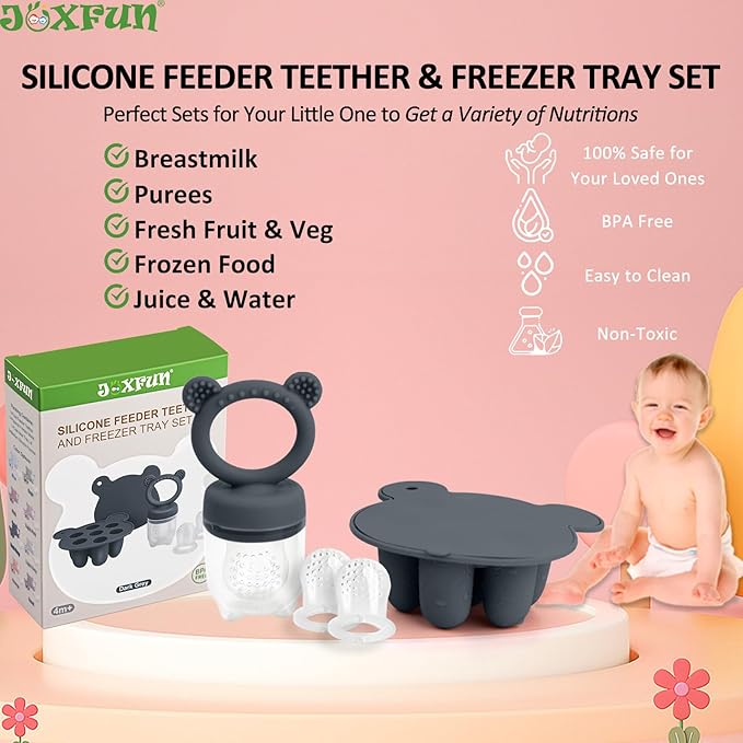 JEXFUN Silicone Baby Food Feeders + Freezer Tray for Batch Prep, Introduce New Foods Safely, Double as Silicone Teething Toys, BPA Free Silicone Feeder for Safe Infant Self Feeding - (Dark Grey)-CubbioJoy